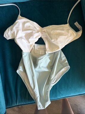 Two-Tone White and Light Aqua One-Piece Swimsuit
